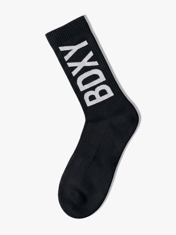 Black sock with 'BDXY' branding on a white background