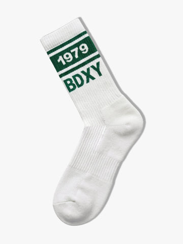 White sock with green  text on a white background