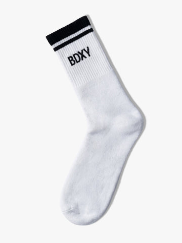 White sock with black cuff and 'BDXY' branding on a white background