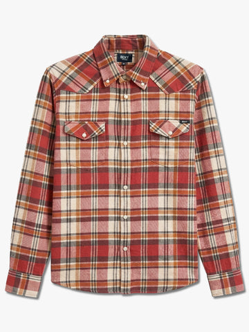 A long-sleeve western-style plaid shirt by Ralph Lauren, featuring a red, beige, and brown tartan pattern with two buttoned chest pockets.