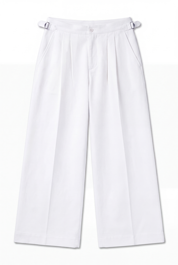 White wide-leg cropped pants with pleated front detailing and side buckle details at the waist, shown flat on a white background.
