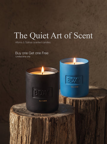Two lit BDXY Alfama & Salinas scented candles in matte black and blue ceramic jars, displayed on rustic wooden tree stumps against a textured brown background with promotional text.